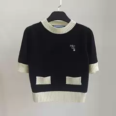 High-End Nanyou Version Lantern Sleeve Cotton Top with Embroidered Letter Logo on Left Chest