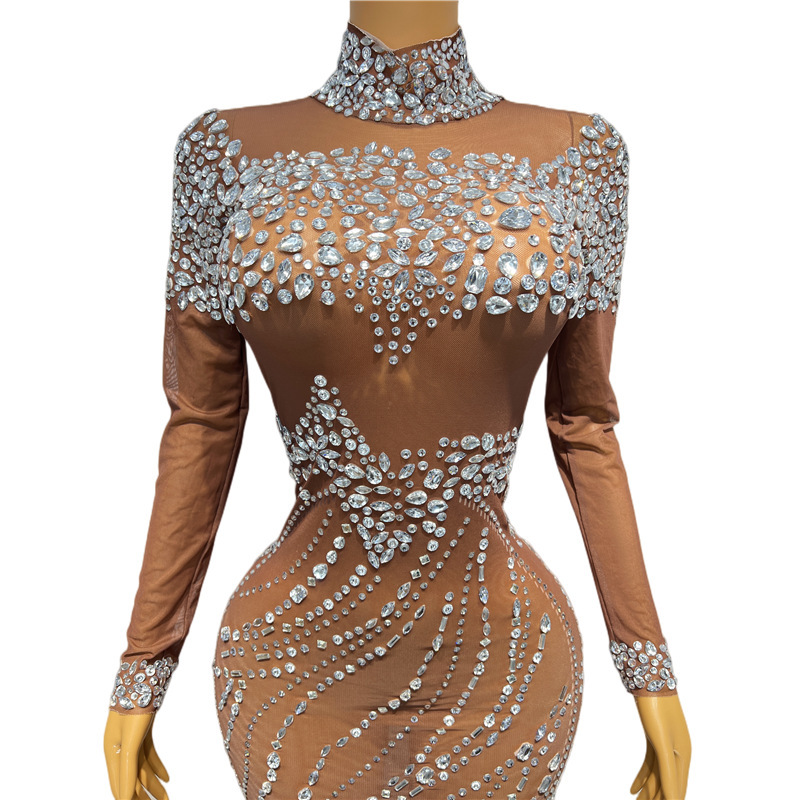 Gold Crystal Mini Sexy Fleshy Birthday Dress Diamond Summer Dress Party Long Sleeve Skirt