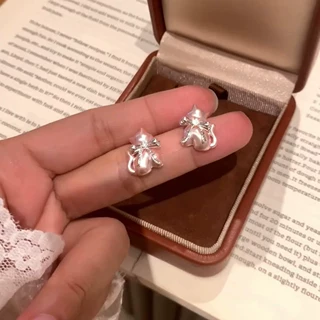 甜美风粉色立体猫咪蝴蝶结耳钉女高级感精致清新甜美小众耳饰