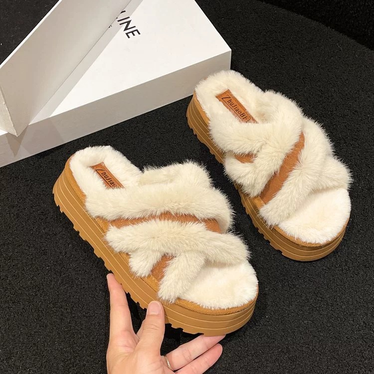 Pelzige Hausschuhe für Damenoberbekleidung im Herbst 2023, Baumwollhausschuhe mit offener Spitze_voghion.com