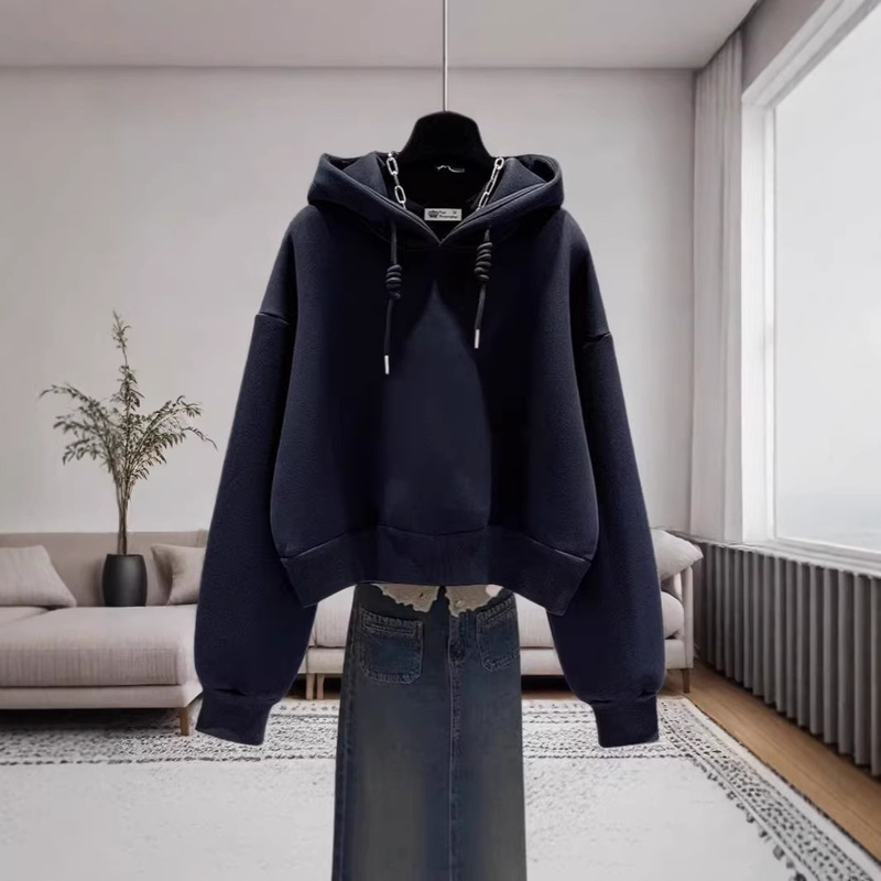 Solid Color American-Style Niche New Casual Short Hooded Sweatshirt for Women 2025 Korean Style Long-Sleeve Top Ins Trend