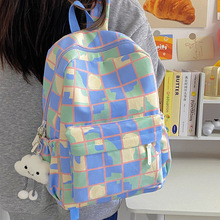 新款多巴胺七彩书包复古格子容量ins学生韩国书包高中双肩包背包