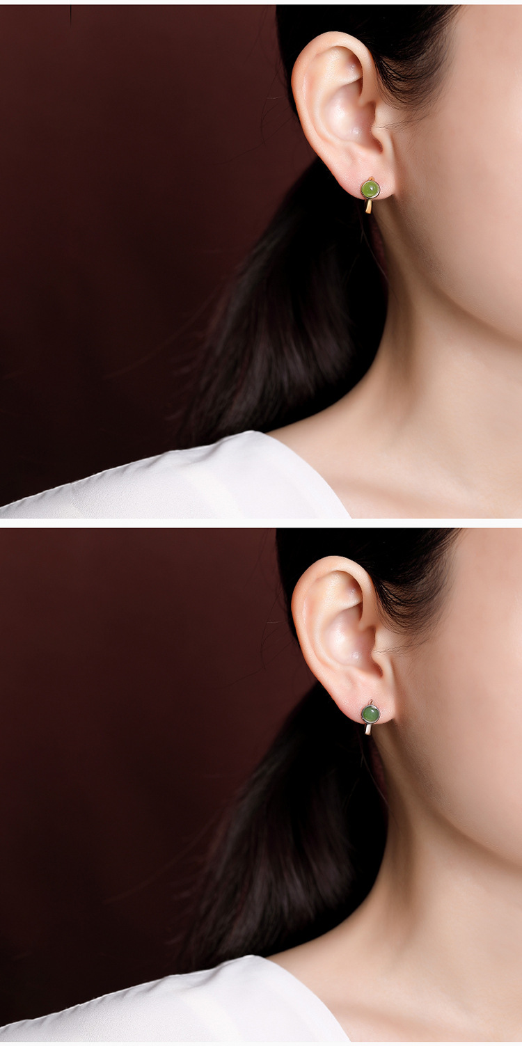 Bông tai kẹp tai nữ bạc S925 mạ vàng đính đá jasper đỏ hình hạt tròn phong cách đơn giản — Kiểu jasper màu bạc chi tiết 15