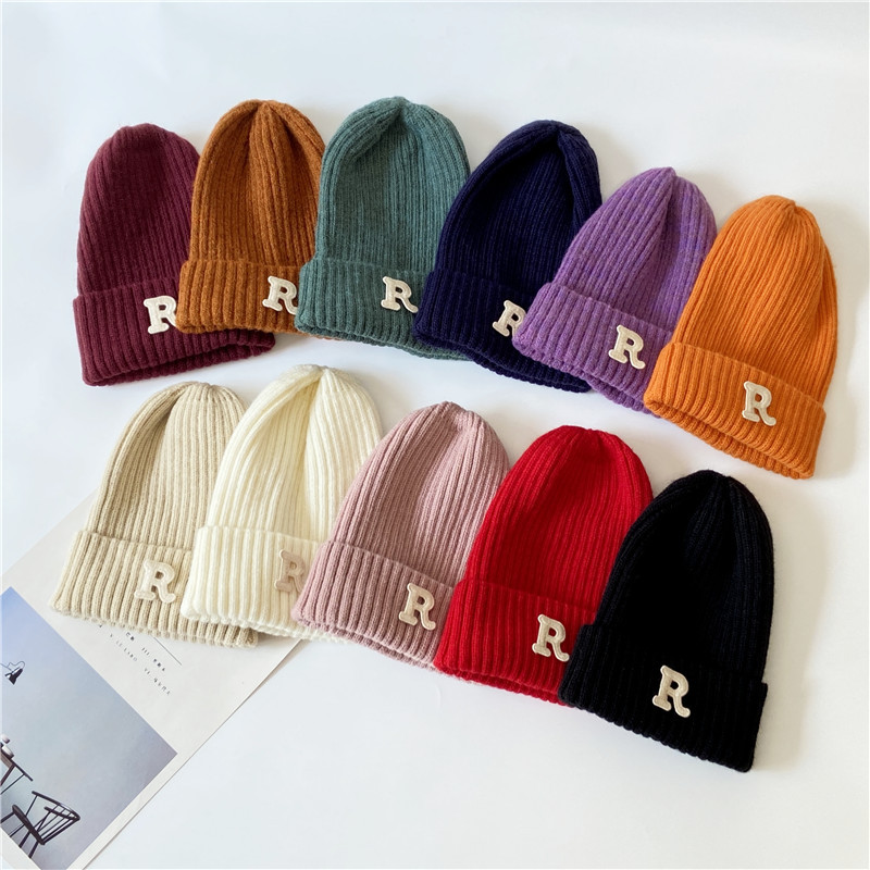 Autumn Winter Korean Letter R Label Woolen Men's Women's Simple and Versatile Knitted Ear Protection Warm Cover Cold Hat_voghion.com