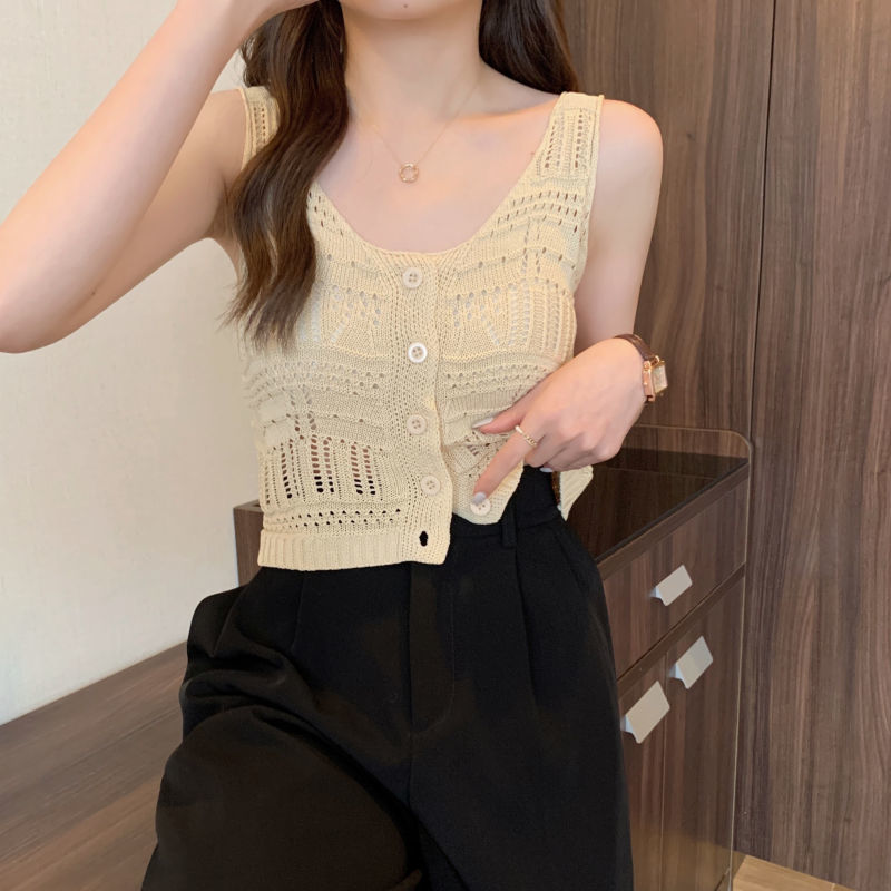 2024 New Style Cardigan Top Trendy Knitted Hollow Sleeveless Camisole Women's Short Version Navel Slimming All-match Outer Wear