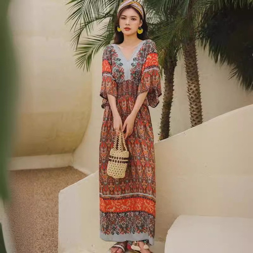 Skirt-style summer dress, travel-themed Thailand cotton gauze floral print ethnic short-sleeve vacation beach dress, ambiance