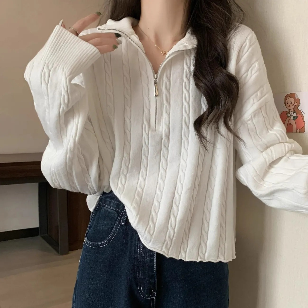 Retro knitted autumn short base sweater with zipper