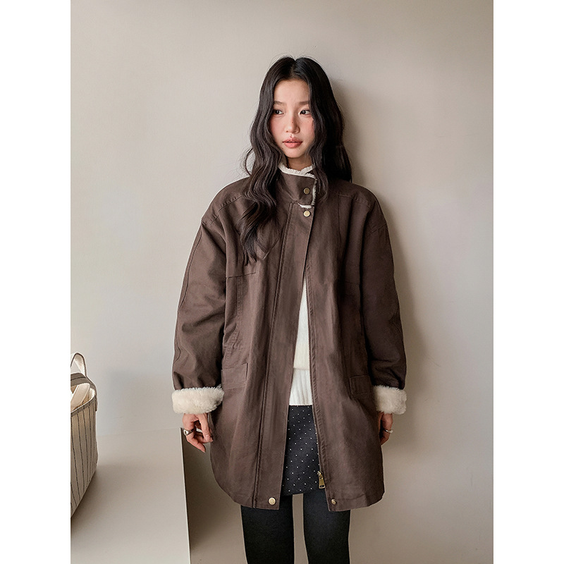 【首尔日记】歌铭美式复古立领抽绳加绒外套女冬季宽松大衣N751C