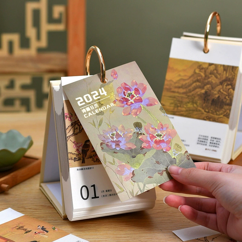 Desk calendar, ancient poetry, 2024 years, hand painting
