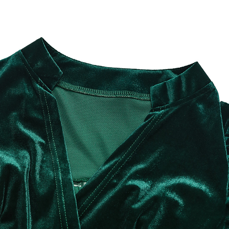 Vestido feminino de veludo em linha A – Vestido elegante retrô com manga curta e decote em V (mangas lanterna esvoaçantes, cintura alta, tecido de veludo macio)_voghion.com