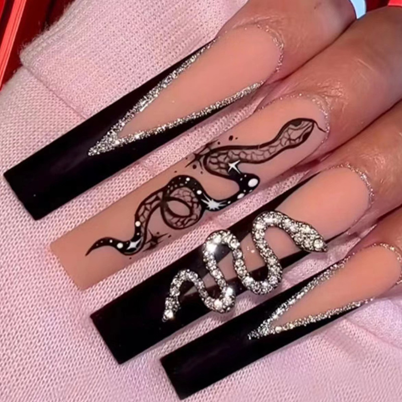 European and American hot girls nail long fake nails French frosted snake-shaped black rhinestone wear nail tablets wholesale finished products