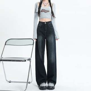 深蓝色阔腿牛仔裤女2025夏季新款高腰直筒宽松小个子显瘦拖地裤子