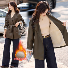 加绒加厚真皮衣外套女中长款2025冬季新款小个子洋气保暖风衣夹克