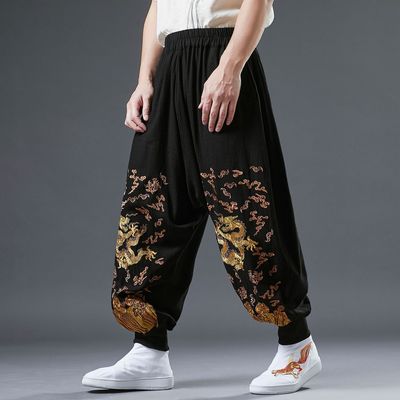 Men Golden Dragon pants lantern pants ramie embroidery loose waist pants