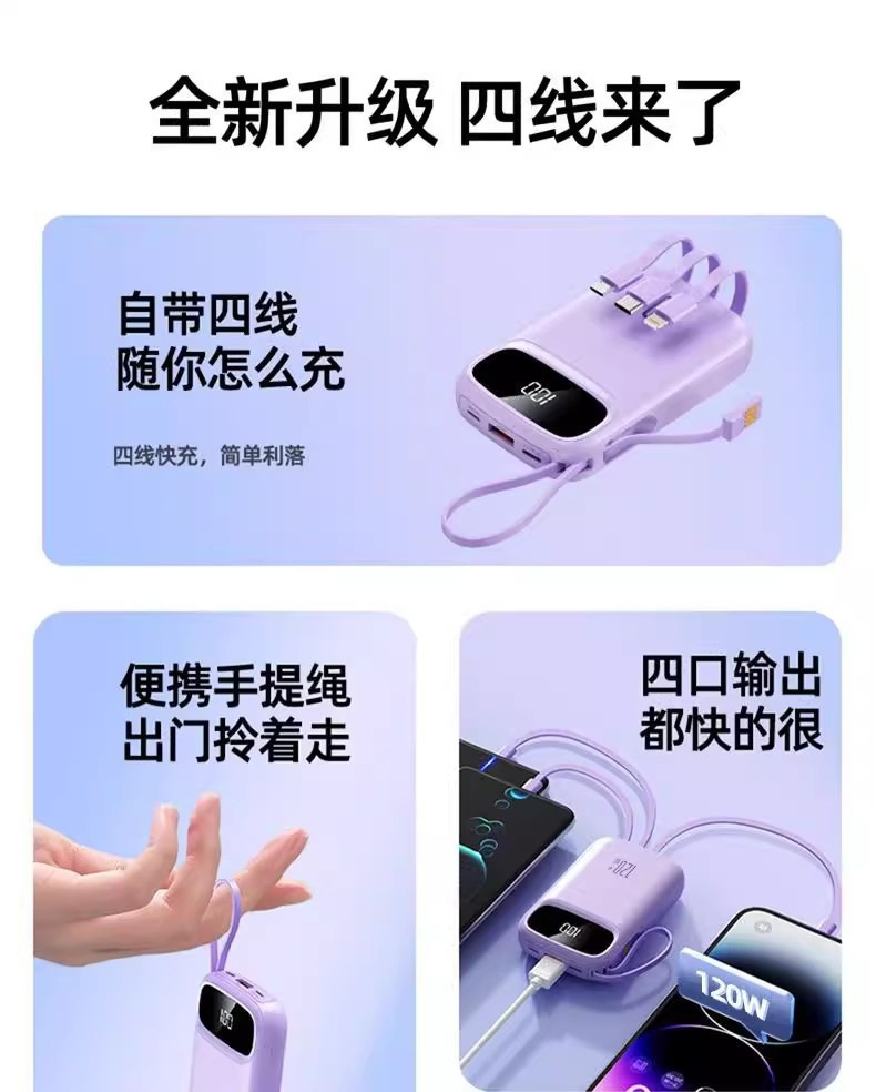 Powerbank Mini Hochleistung 20000mAh 3C-Zertifiziert Ultra-Schnellladestation Powerbank mit integriertem Kabel Mobiler Stromspeicher