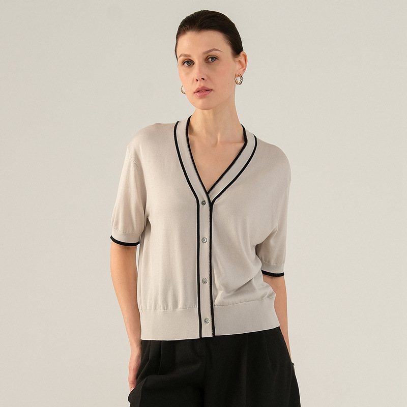 BC Same Style Spring/Summer Bead Chain V-neck Knitted Short-sleeved Tencel Mulberry Silk Contrast French Loose Knitted Cardigan for Women