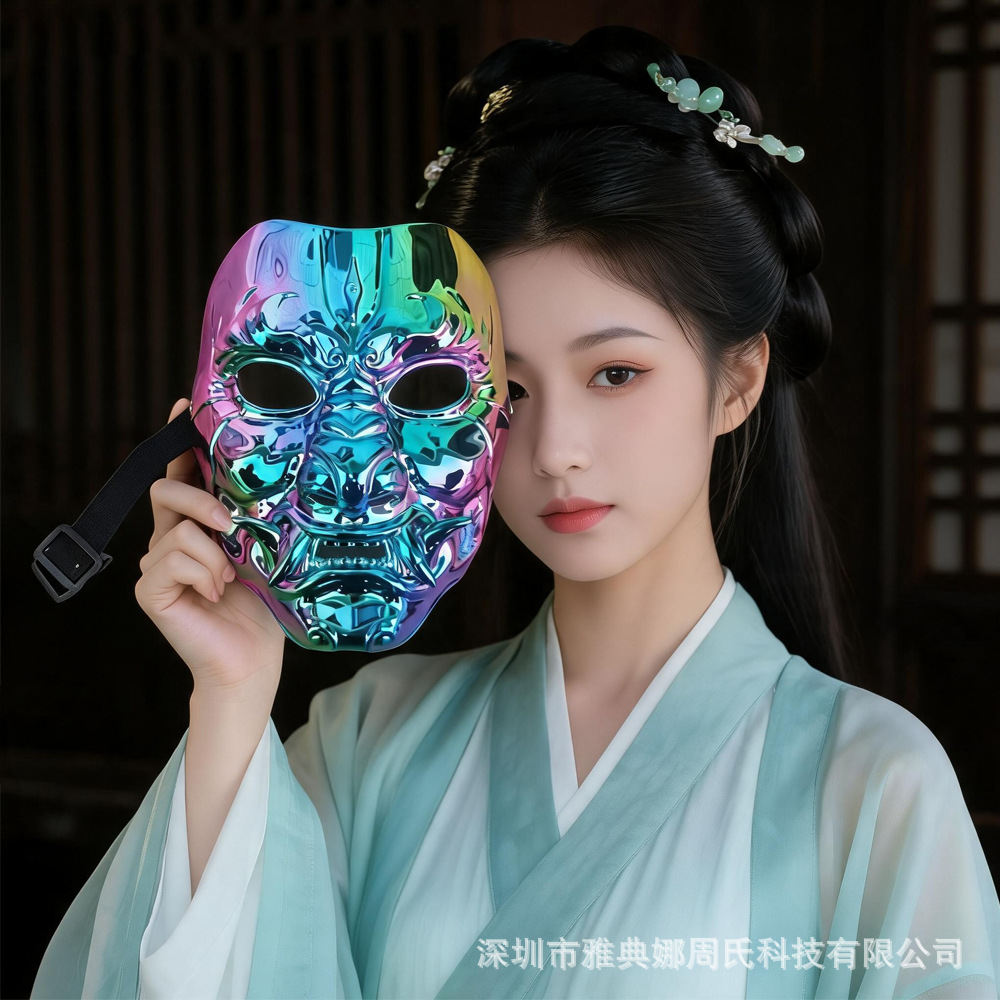 Todo el rostro negro dorado estilo nacional armadura Hanfu cos accesorios se pueden usar máscara de cara antigua oro negro samurai fantasma image 4