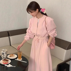 韩国chic秋装韩系休闲时髦拉链卫衣外套+高腰开叉a字半身裙套装女