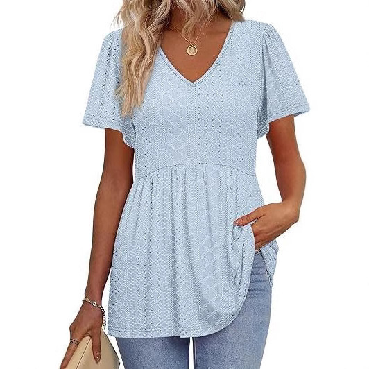 Amazon Cross-Border Women's Summer Tops Doll Short-Sleeved Export Shirt Sleeves Pepsi Lace Tops V Neck T-Shirts for Women