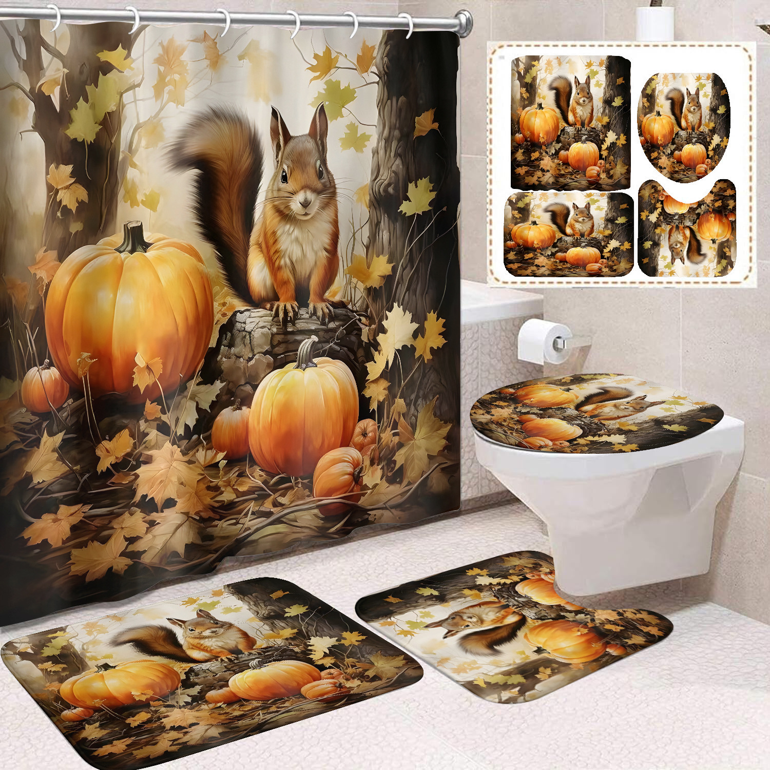Cortina de ducha de Acción de Gracias, cosecha de otoño, serie de calabaza, cortina de ducha, cortina de baño, cortina de baño impermeable de poliéster, cortina de baño de cuatro piezas image 58