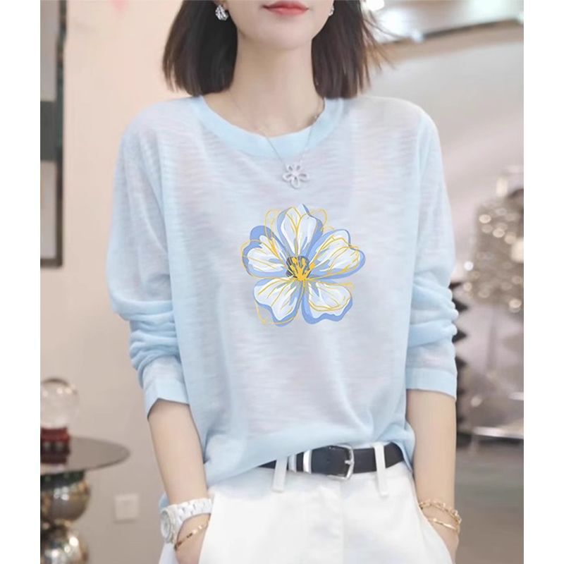 2026 Summer New Style Blue Bamboo Cotton Long-Sleeved T-Shirt for Hot Girls, Thin, Breathable, Slimming, Flesh-Covering, Sun Protection Cover-Up