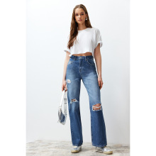 跨境现货代发批发女装欧美时尚破洞牛仔裤高腰显瘦直筒拖地长裤子