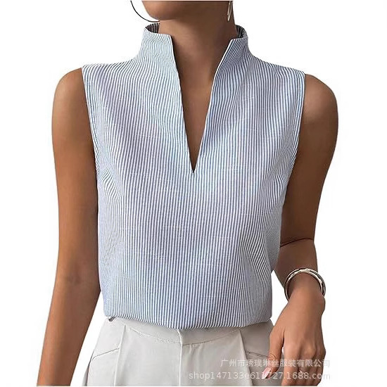 2026 Amazon European and American Foreign Trade Women's Summer Striped V-Neck Sleeveless Pullover Fashion Casual Top Shirt