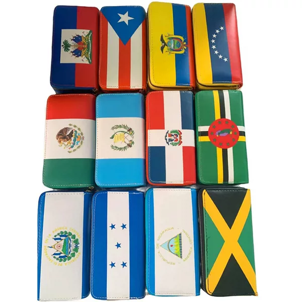 Country Flag Double Zipper Leather Fans Wallet Unisex Double Pull Bag Zipper