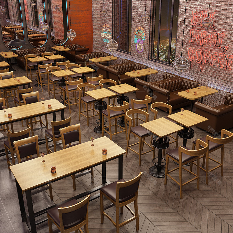 Estilo Industrial Mesa de Bar de madera maciza y silla pub bar Silla de Bar estilo retro respaldo taburete alto fábrica al por mayor