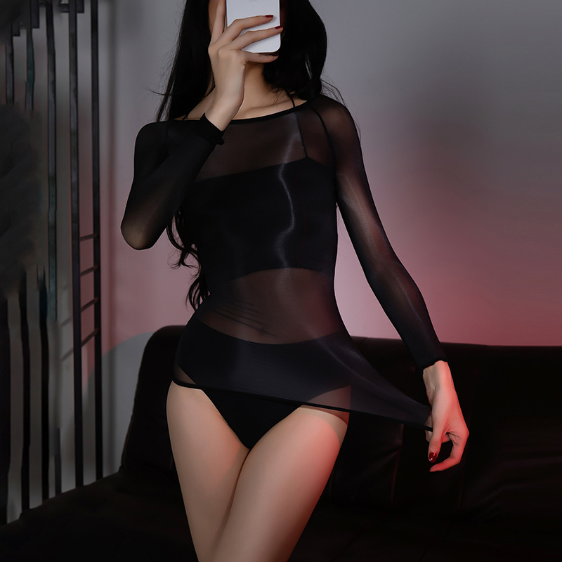 High-density aurora glossy long-sleeve sheer off-shoulder slim-fit top, high-elastic tight-fitting bodysuit, short skirt, and stockings for women High-density aurora glossy long-sleeve sheer off-shoulder slim-fit top, high-elastic tight-fitting bodysuit, short skirt, and stockings for women