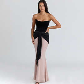 2026春季新款亚马逊女装设计感抹胸不规则收褶飘带撞色拼接连衣裙