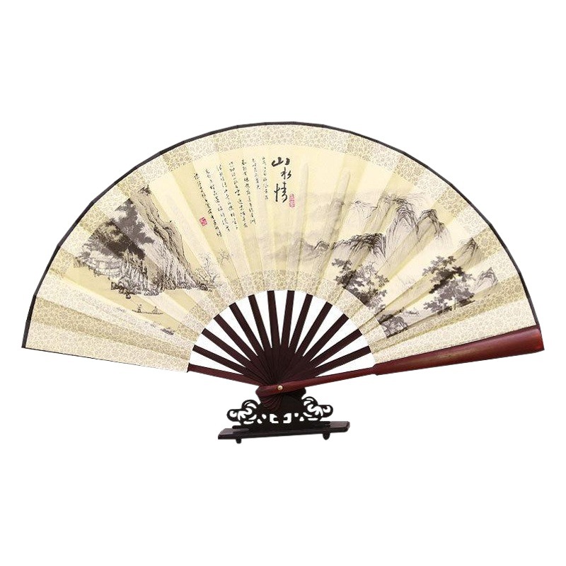 Ventilador plegable de estilo chino ventilador de bambú de tela de seda de estilo antiguo ocho pulgadas de doble cara de impresión de publicidad Hanfu ventilador fábrica al por mayor en stock