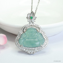 眷钰 天然A货翡翠蓝水佛公吊坠玉石弥勒佛项链批发代发FC4091203