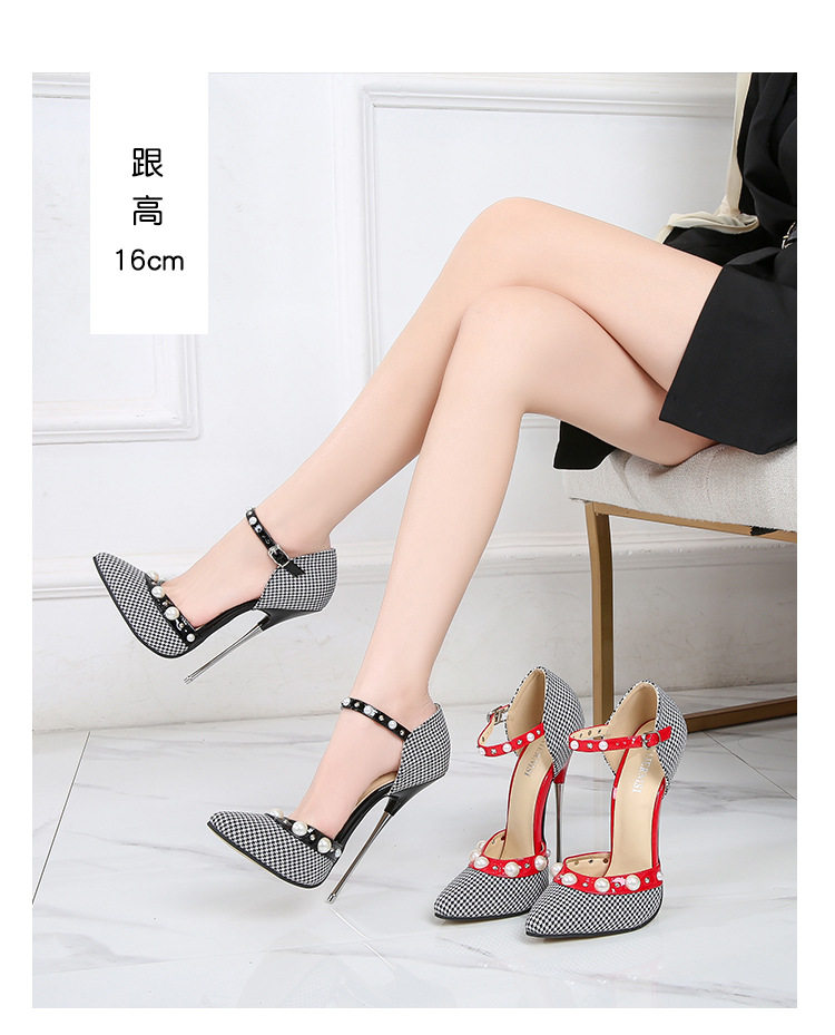 Giày cao gót nữ mũi nhọn phối màu họa tiết caro, gót nhọn siêu cao — Màu đen, Màu đỏ chi tiết 1