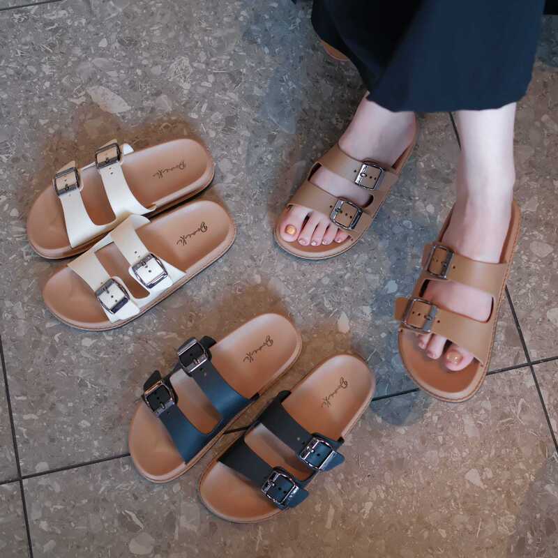 Thick-Soled Slippers with Double Buckle Straps for Women, Summer Fashion Casual Slip-On Beach Sandals Thick-Soled Slippers with Double Buckle Straps for Women, Summer Fashion Casual Slip-On Beach Sandals