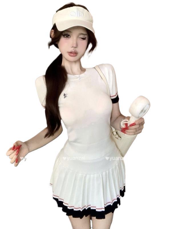 休闲运动套装修身撞色刺绣短袖针织T恤女夏季百褶裙半身裙两件套|undefined