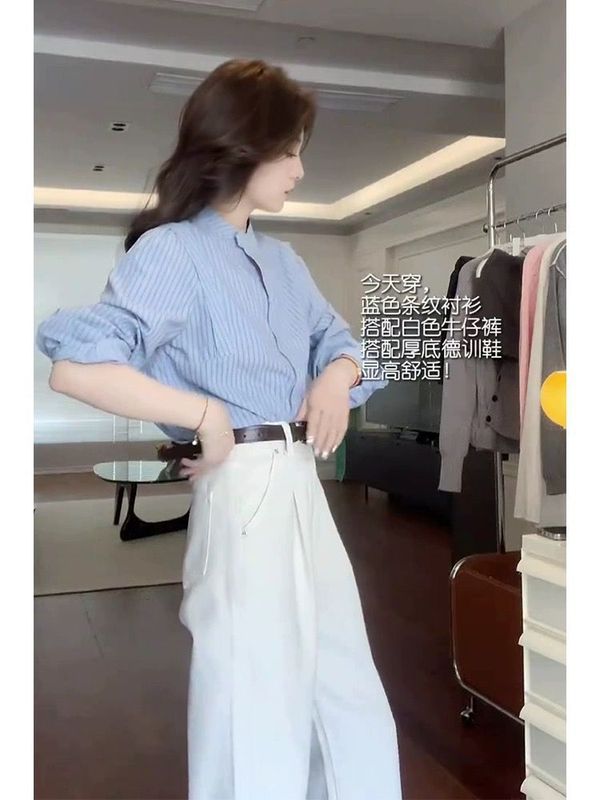 春装搭配一整套干练气质职业女装蓝色衬衫盐系轻熟阔腿裤两件套装|undefined