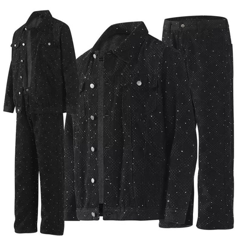 Full Diamond Set Denim Shirt Jacket Men's Ins American Pure Color Jeans Handsome Loose Youth High-End Pants