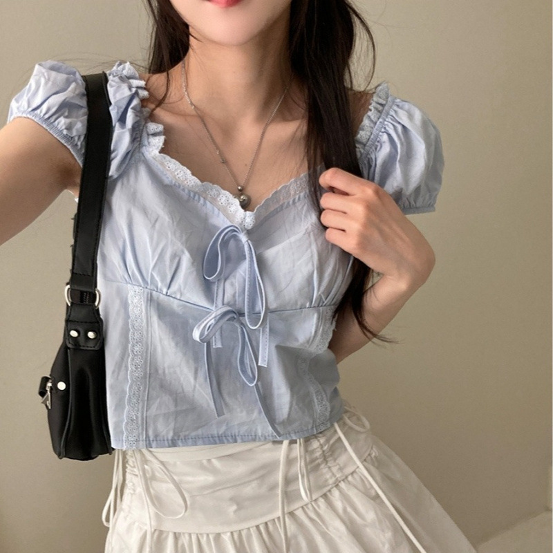 Korean Ins Pure Desire Lace Short-Sleeved Shirt with One-Line Collar Design and Bow Tie Age-Reducing Top for Women