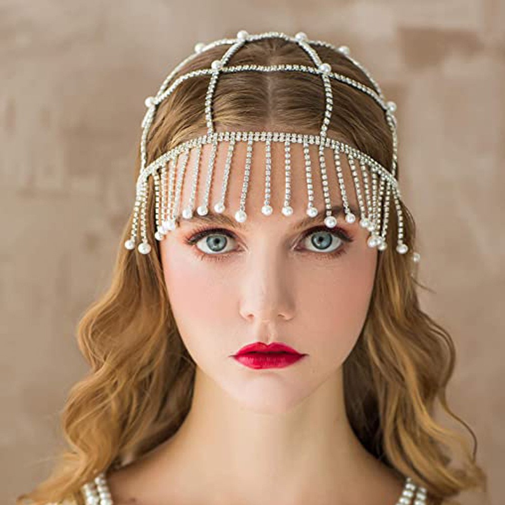 European and American Exaggerated Pearl Headwear, Hair Accessories, Bridal High-End Diamond-Encrusted Mesh Headband, Exotic Accessories