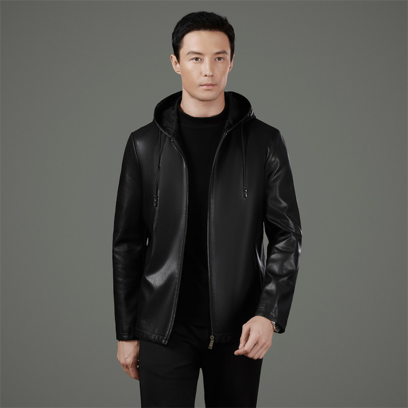 Middle-Aged Men's New Autumn 2025 Haining Fashion Hooded Leather Jacket for Wholesale