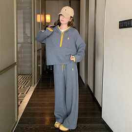 灰色超好看连帽卫衣运动时尚套装女春新款休闲显瘦阔腿长裤两件套