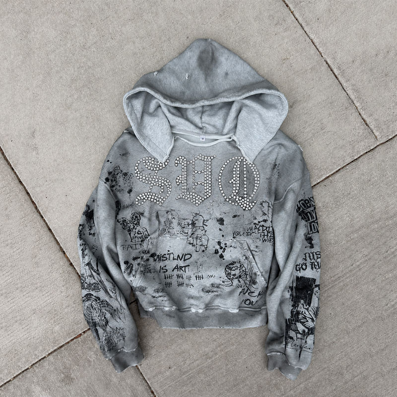 Custom Vintage Washed Patchwork Rhinestone Distressed Print Oversized Street Style Grey Hoodie OEM/ODM