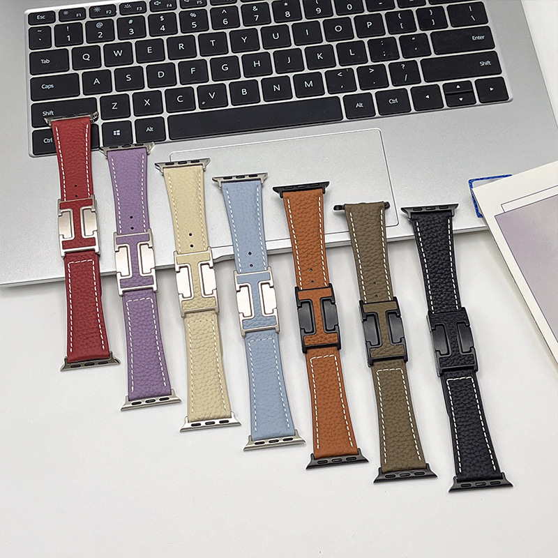 Suitable for AppleWatch9 Litchi Pattern Leather Strap Apple Watch 8765 Generation H Magnetic Buckle Sports Wristband