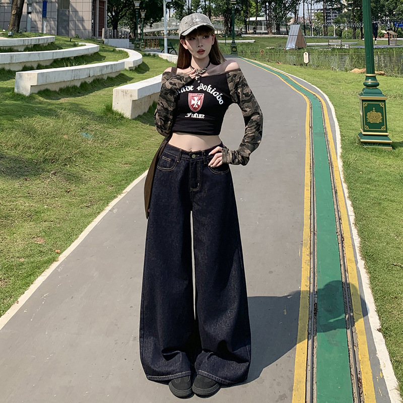 深蓝色阔腿牛仔裤女2025年秋冬新款高腰垂感显瘦直筒宽松拖地裤子|undefined