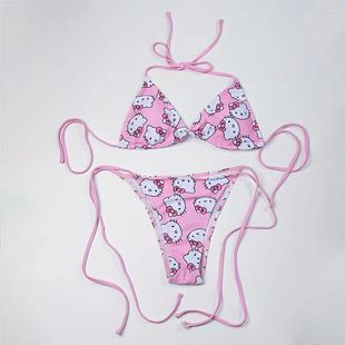 Kitty Cute Girl Beach Vacation Triangle Pink Kt Bikini Swimsuit Removable Breast Pad Swimsuit