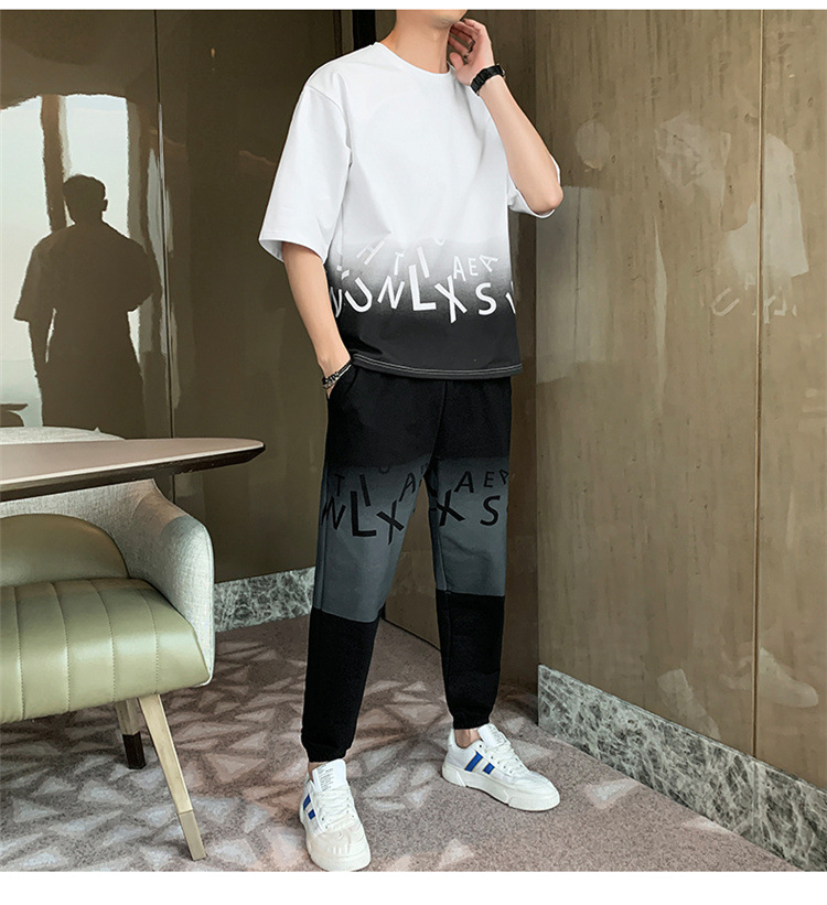 Men's Gradient Color Short Sleeve T-Shirt And Shorts Set Casual Summer Streetwear Hong Kong Style Outfit_viptrois.com