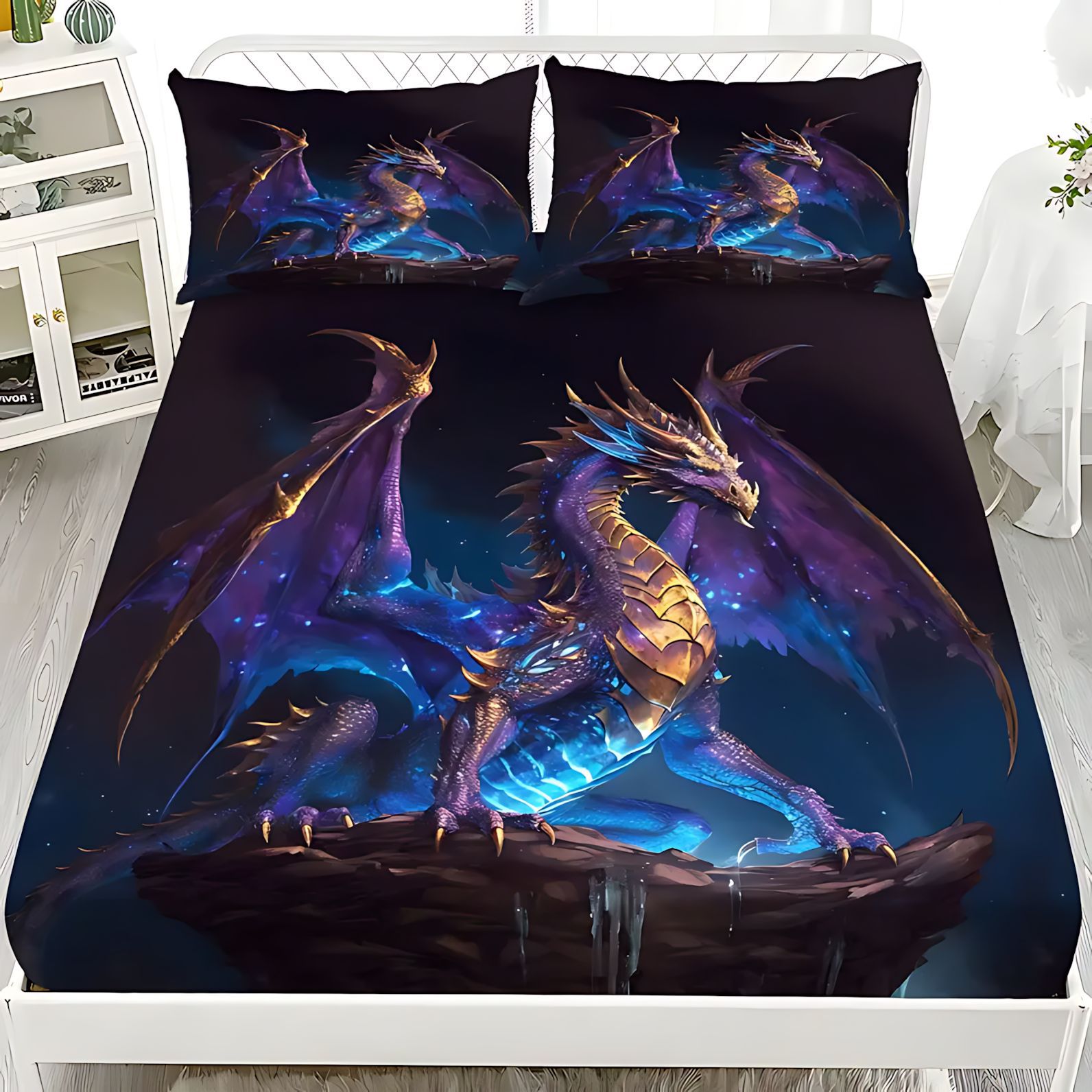 TEMU / JIT multicolor cool dragón de impresión digital 3D cama de cama de cama kit de almohada exclusivo a través de la frontera