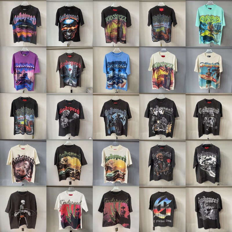 Cross-Border Trendy Brand Foreign Trade God&Speed Skull Letter Print Washed Short-Sleeve T-Shirt Unisex High Street Retro Half-Sleeve