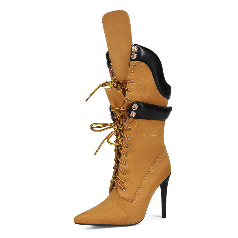European and American Export Cross-Border Sexy Workwear Style Lace-Up Denim Pointed Toe Stiletto Heels Large Size 44 Women's Short Boots Boots